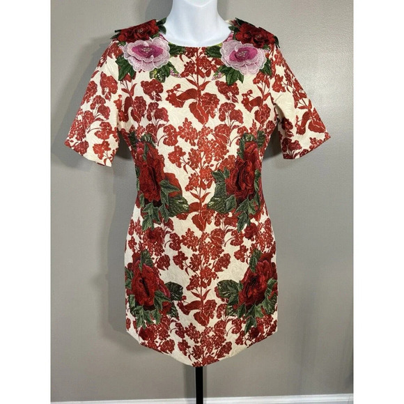 Floral Mini Dress With 3D Flower Design NWT Christmas Party Dress Short Sleeve - Picture 1 of 10